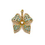 PEARL, TURQUOISE AND DIAMOND BROOCH