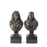 A PAIR OF BRONZE LIBRARY BUSTS OF THE DRAMATISTS RACINE AND CORNEILLE