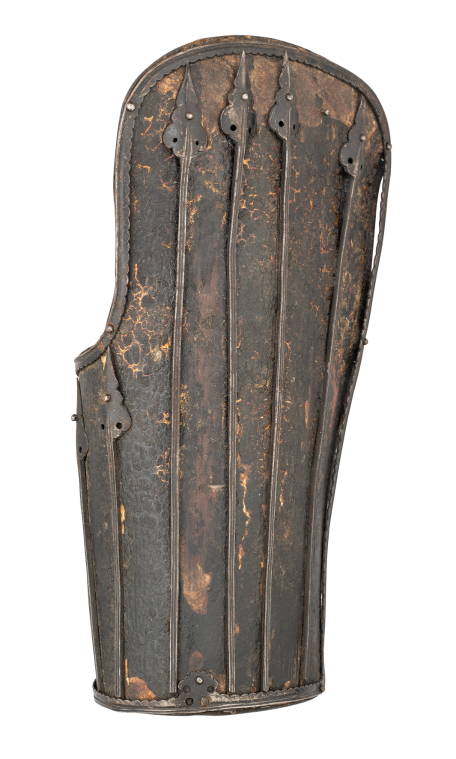 A RARE IRON-MOUNTED LACQUERED LEATHER FOREARM DEFENCE