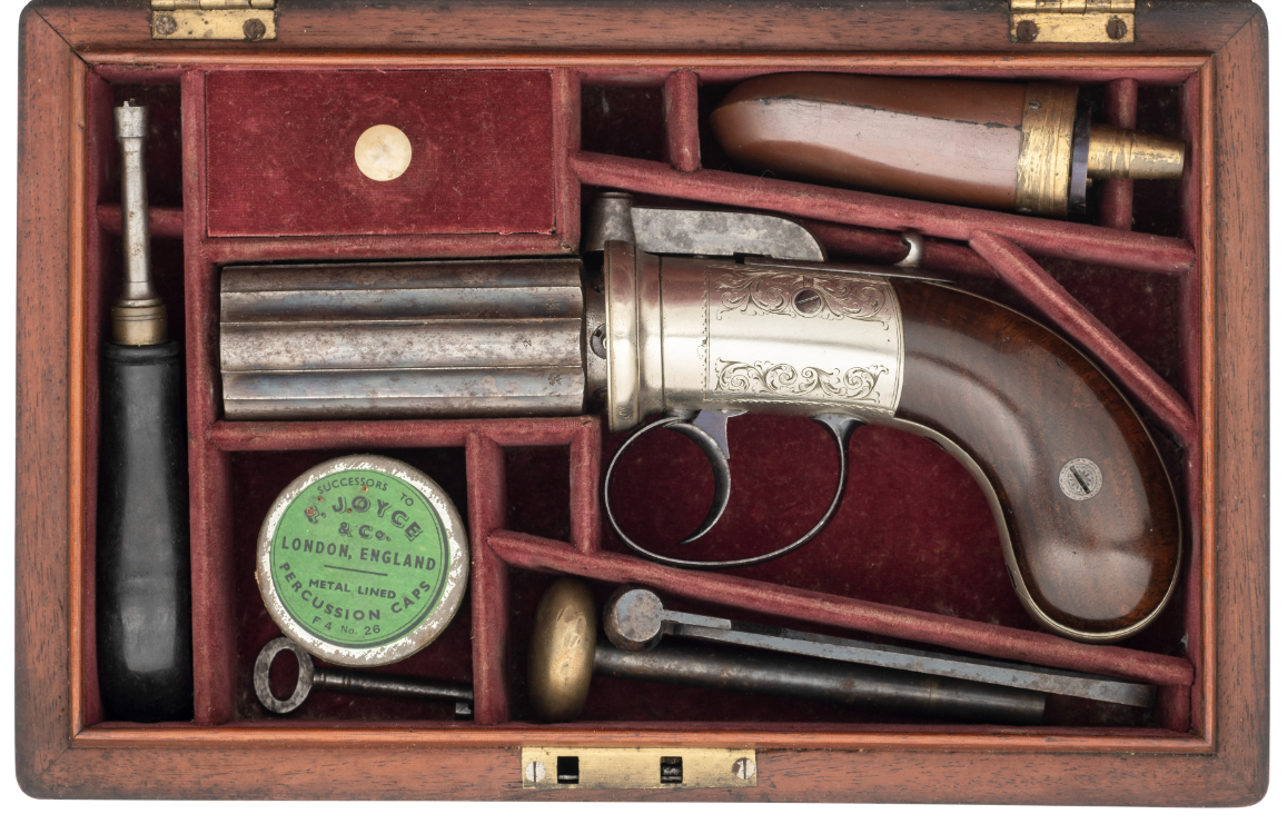 A CASED 120 BORE SIX-SHOT PERCUSSION PEPPERBOX REVOLVER