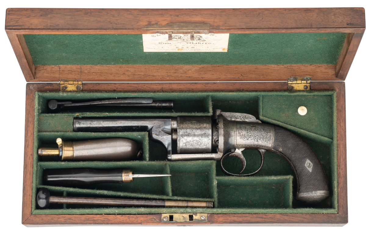 A 50 BORE TRANSITIONAL SIX-SHOT SELF-COCKING BAR-HAMMER PERCUSSION REVOLVER BY CLOUGH & SON