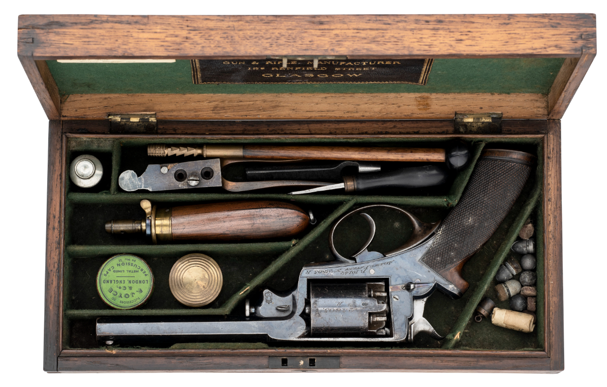 A CASED 54 BORE PERCUSSION BEAUMONT-ADAMS PATENT DOUBLE-ACTION FIVE-SHOT REVOLVER BY THE LONDON ARMO