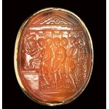 A fine renaissance carnelian intaglio set in a gold seal fob. Sacrifice scene after Valerio Belli.<b