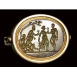 A renaissance agate intaglio in a swivel gold ring. Mythological scene with Triptolemus and Ceres.