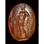 A fine roman carnelian intaglio. Perseus with Medusa head. 1st century B.C.