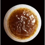 A "magical eye" agate intaglio. Two figures with attributes. 18th century.