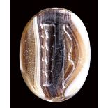 A rare greek banded agate scaraboid engraved seal. Club and bow. 4th century B.C.