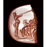A roman carnelian fragment of an intaglio. Fighting scene with putti.2nd century A.D.