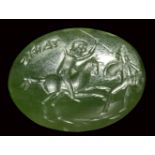 An eastern roman green chalcedony intaglio. Military fight scene. 2nd - 3rd century A.D.