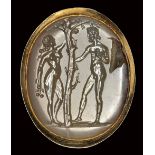 A late renaissance agate intaglio set in a gold frame. Adam and Eve.Late 16th century. Moun