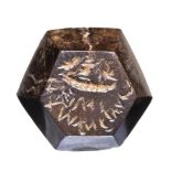 A roman hexagonal hematite magical intaglio. Figures on a papyrus boat with inscription.2nd