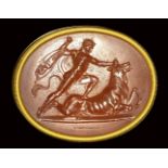 A fine neoclassical Poniatowski carnelian intaglio signed Dioskourides, set in a gold frame. Milo k