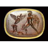 A fine neoclassical Poniatowski carnelian intaglio signed Admon, set in a gold frame. Achilles and