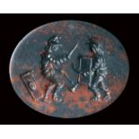 A roman heliotrope intaglio. Fight scene with two gladiators. 2nd century A.D.