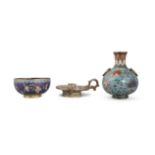 A GROUP OF THREE (3) CLOISONNE PIECES China The first one, a Ming style ‘lotus’ jar with loose