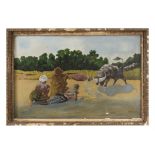LEICHNER (Active first half of 20th century) Buffalo hunting Oil on canvas Signed to the lower