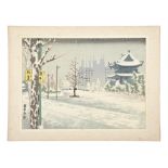 TOMIKICHIRO TOKURIKI 徳力富吉郎 (Japan, 1902-1999) “Kyoto Town Hall in Snow” Large chuban yoko-e /