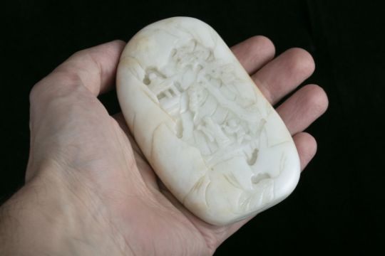 A RUSSET AND WHITE JADE ‘LANDSCAPE’ BOULDER China, Attributed to Qing Dynasty Carved out of a - Image 2 of 35