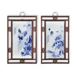 A MIRROR PAIR OF ‘SPARROW AND LOTUS’ BLUE AND WHITE PORCELAIN PLAQUES IN THE MANNER OF WANG BU