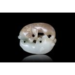 A BROWN AND WHITE JADE ‘DOUBLE-BADGERS’ CARVING, SHUANGHUAN 雙獾 China, Modern Carved out of a