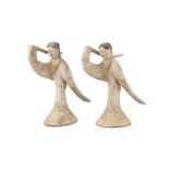 A NEAR PAIR OF HAN STYLE TERRACOTTA MINGQI MODELS OF LONG SLEEVES DANCES China, Han style H: 52 cm