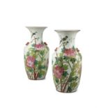 A NEAR PAIR OF SHUICAI ‘SPARROW AND CHRYSANTHEMUM’ PORCELAIN PHOENIX TAIL VASES, FENGWEIZUN China,