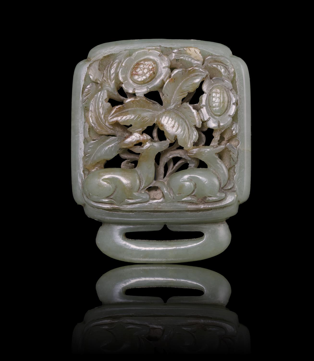 A LIAO STYLE ‘AUTUMN FOREST / QIUSHAN YUAN' CELADON JADE ELEMENT OF A BELT BUCKLE / HOOK China,