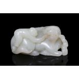 A PALE CELADON JADE ‘COWHERD AND WATER BUFFALO’ GROUP China, Modern L: 7 cm Weight: 140,8 grams