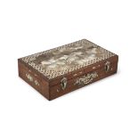 $A LARGE MOTHER OF PEARL INLAYS ‘LIYUTIAOLONGMEN’ LIDDED WOODEN STATIONERY BOX Vietnam; Possibly