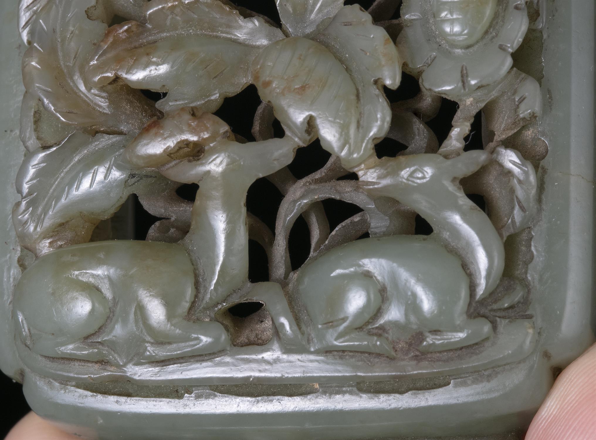 A LIAO STYLE ‘AUTUMN FOREST / QIUSHAN YUAN' CELADON JADE ELEMENT OF A BELT BUCKLE / HOOK China, - Image 2 of 5