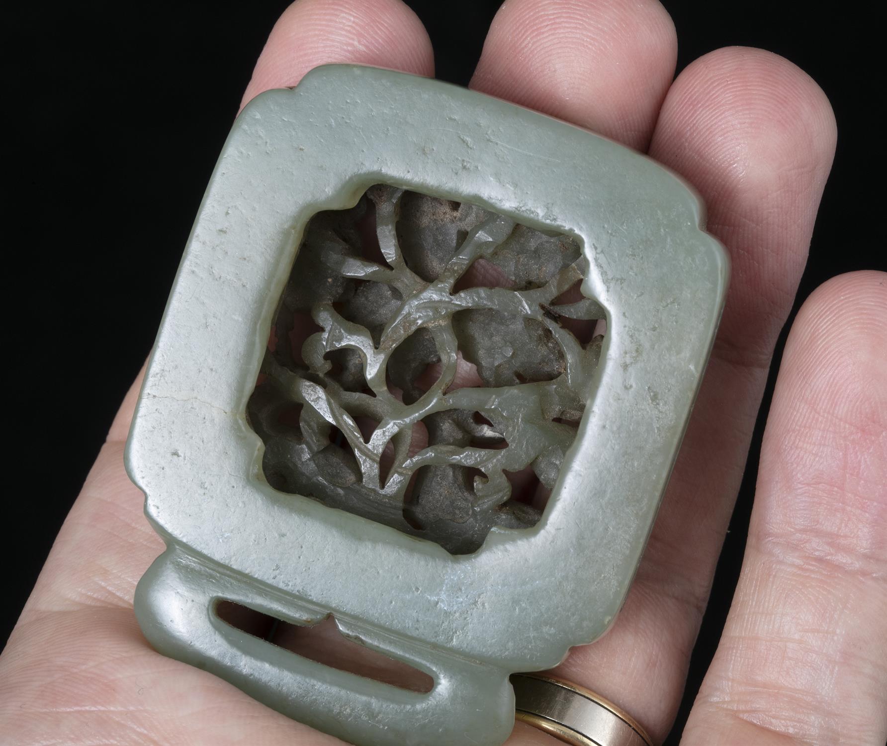 A LIAO STYLE ‘AUTUMN FOREST / QIUSHAN YUAN' CELADON JADE ELEMENT OF A BELT BUCKLE / HOOK China, - Image 3 of 5