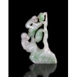 A STONE EMBELLISHED ‘MONKEY AND PEACH’ JADEITE JADE GROUP CARVING China, Circa 1930s,