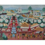 INDONESIAN / UBUD SCHOOL (Active 20th century) Village scene Colours on fabric Signed and