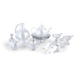 A COLLECTION COMPRISING A MODERN VENETIAN CLEAR GLASS TEAPOT AND COVER, of lobed globular shape,