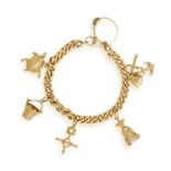 A GOLD CHARM BRACELET, the curb-link chain bracelet suspending eight charms including a