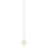 A DIAMOND PENDANT ON CHAIN, of openwork heart shape set with brilliant and tapered baguette-cut