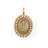A VICTORIAN ENAMEL LOCKET PENDANT, CIRCA 1870, the central gold plaque with applied blue and white