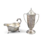 A PLAIN SILVER SUGAR CASTER, Birmingham c.1912, in the form of a cylindrical two-handled lidded cup,