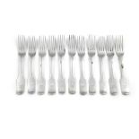 A MATCHED SET OF ELEVEN GEORGE III IRISH SILVER FIDDLE PATTERN TABLE FORKS, Dublin seven 1808,