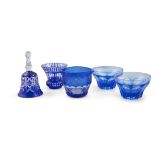 FOUR BLUE GLASS OBJECTS including, a 19th Century, a circular lipped rinser with etched vine