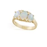 AN OPAL AND DIAMOND DRESS RING, composed of a trio of oval-shaped opal cabochons,