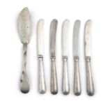 A SET OF FIVE BUTTER KNIVES, the filled handles with sterling silver cases, Sheffield, c.