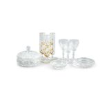 A SMALL COLLECTION OF GLASSWARE, comprising a cut glass covered bowl, two ashtrays,