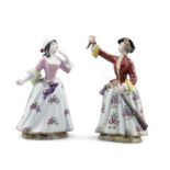 TWO SMALL PORCELAIN FIGURES OF A MILKMAID AND A HUNTRESS, the base of the latter marked in