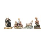 A GROUP OF CAPODIMONTE STYLE MODERN POLYCHROME PORCELAIN FIGURAL GROUPS, comprising three street
