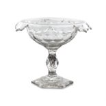 AN 19TH CENTURY CUT GLASS FRUIT DISH, on stand with fold-over undulating rim, on a stemmed base and
