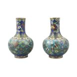 A PAIR OF CHINESE CLOISONNÉ ENAMEL VASES, of globular form with elongated necks, 21cm high