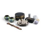 AN ASSORTED COLLECTION OF ASIAN ITEMS, including: - an Indian silver cylindrical box and cover,