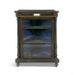 A VICTORIAN INLAID AND EBONISED RECTANGULAR DISPLAY CABINET, with single glazed panel door and