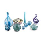 A COLLECTION OF 20TH CENTURY DECORATIVE COLOURED GLASS ITEMS; together with a bowl filled with